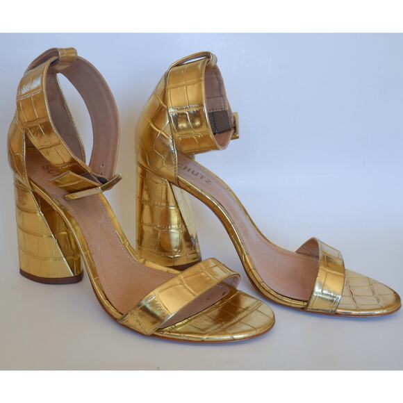 SCHUTZ Shoes - Schutz Gold Croc Embossed Ankle Strap Heel Sandal Size 40